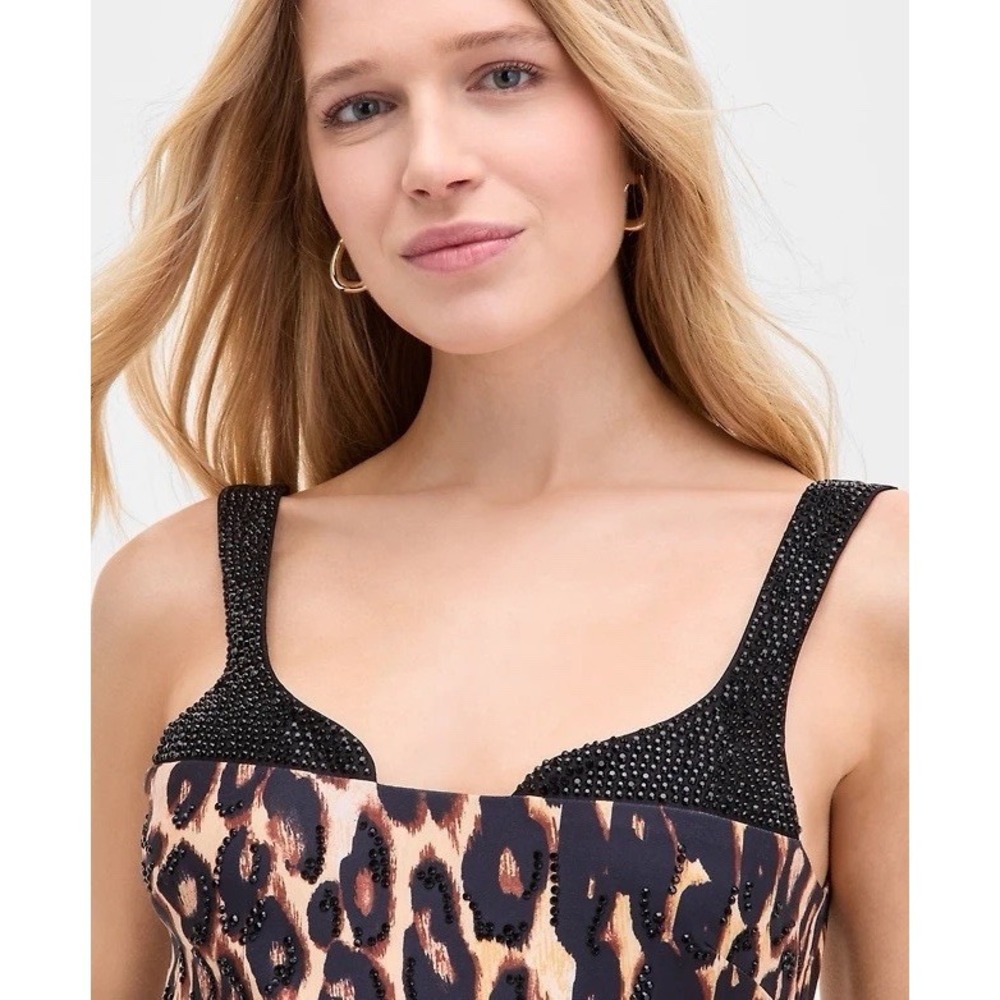 Seni & Cade Leopard Print Bodycon Rhinestone Mini Dress Black Tan Large NWT